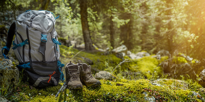 A backpack in the woods.